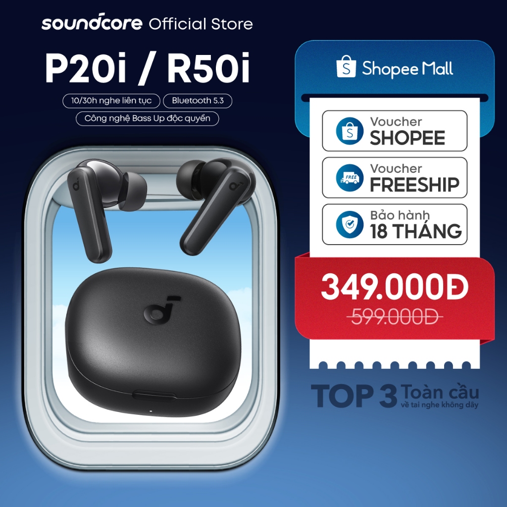 Tai nghe bluetooth soundcore R50i (P20i) siêu nhỏ gọn | 30 giờ phát nhạc | Chống nước IPX5 | Tích hợp phiên dịch