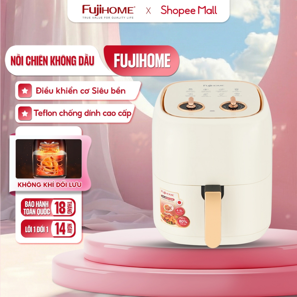 Nồi chiên không dầu 6.5L Fujihome nhập khẩu 1600W, nồi chiên cơ 6.5 Lít, chống dính cao cấp,tự ngắt an toàn tặng kèm kẹp | BigBuy360 - bigbuy360.vn