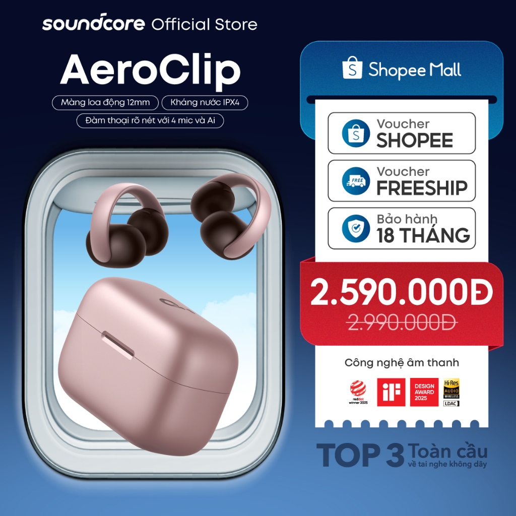 Tai nghe nhét tai dạng kẹp hở Soundcore AeroClip | Thích ứng thoải mái | Chống nước IPX4 | Tích hợp phiên dịch | BigBuy360 - bigbuy360.vn