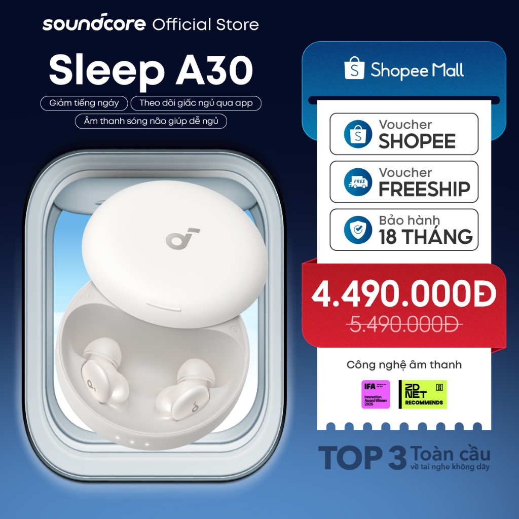 Tai nghe ngủ Soundcore Sleep A30 |Theo dõi giấc ngủ | Làm dịu tiếng ngáy | Âm thanh sóng não AI | BigBuy360 - bigbuy360.vn