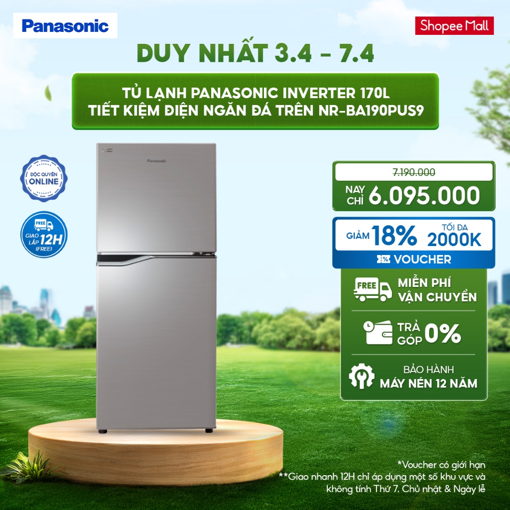 [ELPN2TU GIẢM TỐI ĐA 2TR] Tủ lạnh Panasonic Inverter 170lít Tiết kiệm điện Ngăn đá trên NR-BA190PUS9