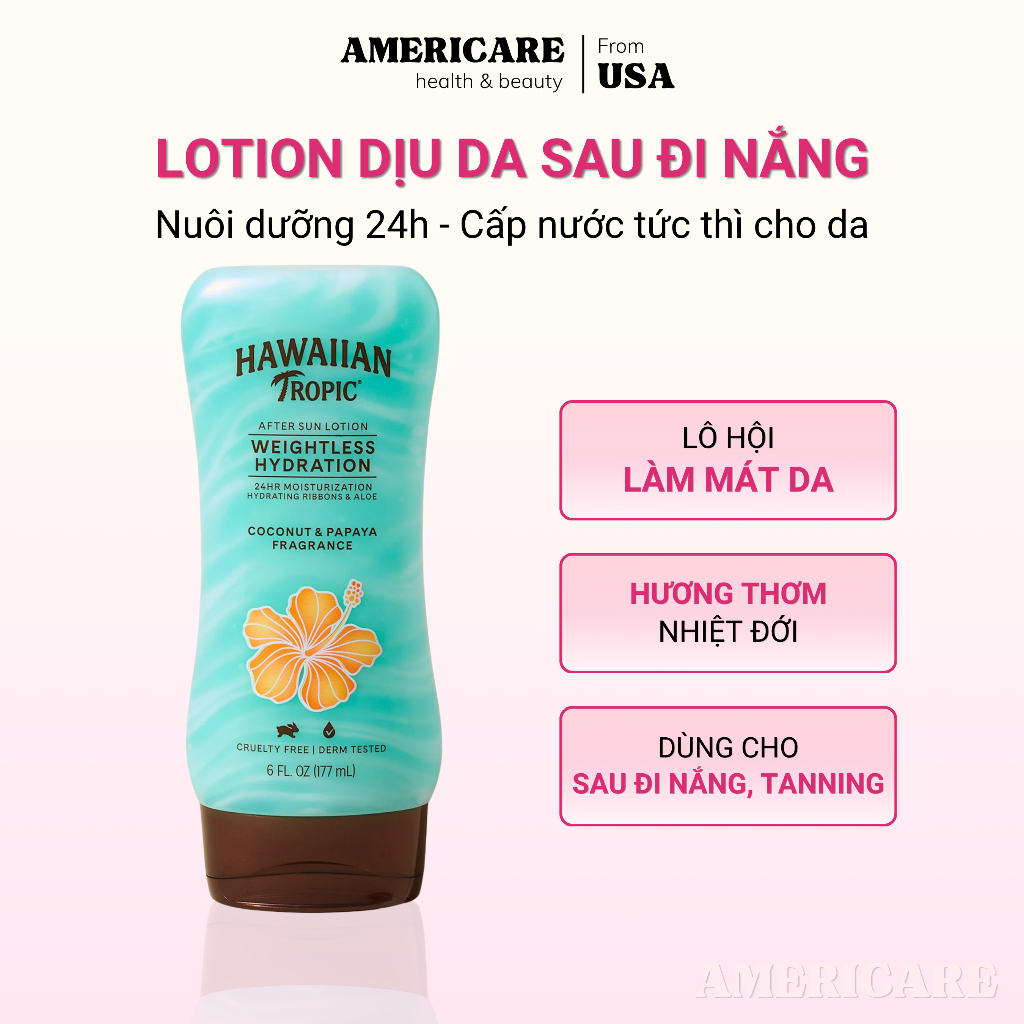 Kem dịu da sau nắng Hawaiian Tropic cấp ẩm sau nắng, gel nhả nắng Weightless Hydration After Sun Lot
