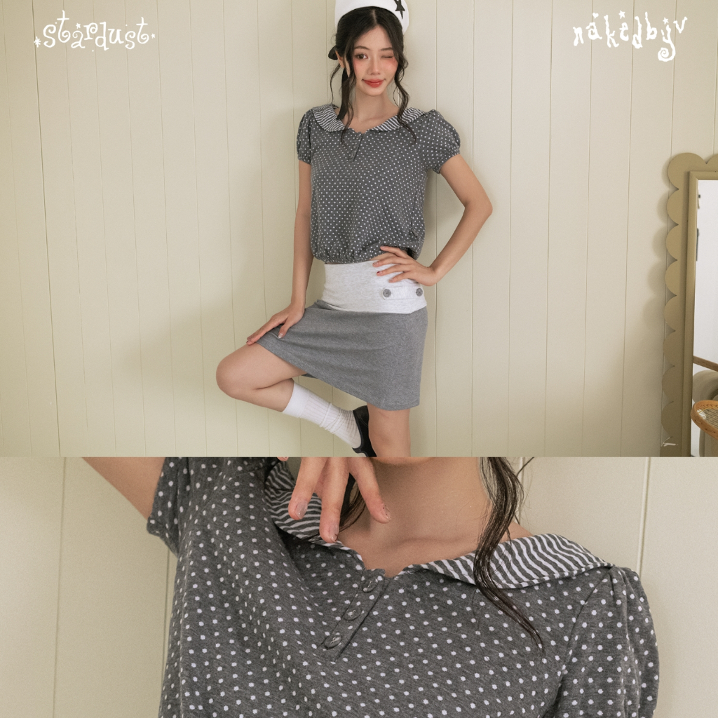 Áo thủy thủ cotton tay bồng nữ NAKEDbyV áo thun chấm bi phối kẻ tay bo nhẹ ANNIE SAILOR TOP | BigBuy360 - bigbuy360.vn