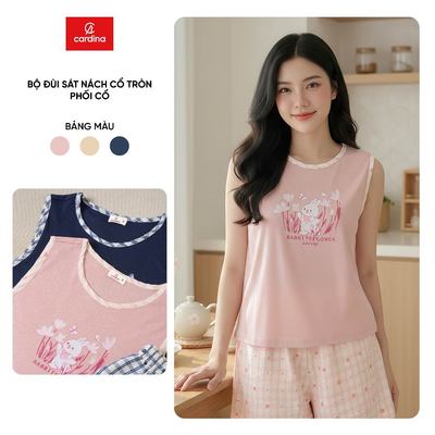 Bộ đồ mặc nhà nữ CARDINA chất liệu tăm lạnh sát nách cổ tròn và quần đùi thô 6BFN01