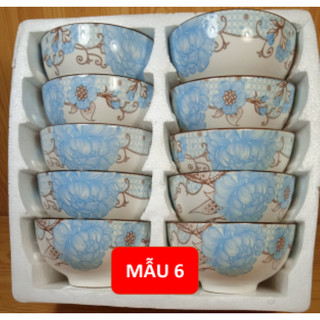 Bộ 10 chén ăn cơm gốm sứ hoa văn 4D viền miệng chén ( không hộp Mousse)