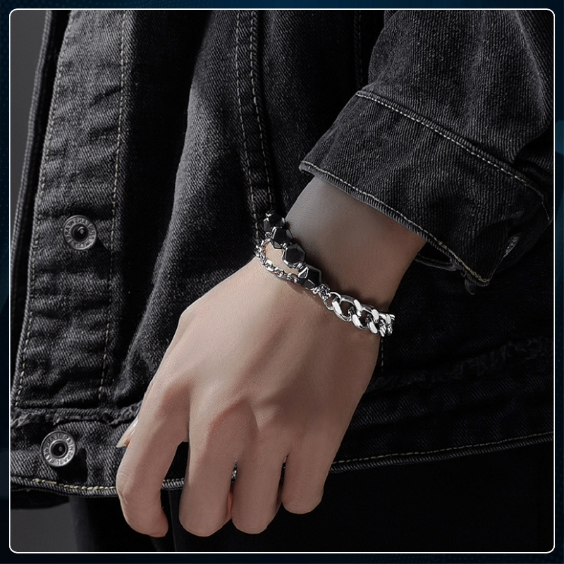 Vòng tay nam nữ thiết kế chuỗi xích đá black Agate mạ bạc titan chống gỉ thời trang phong cách Pun -