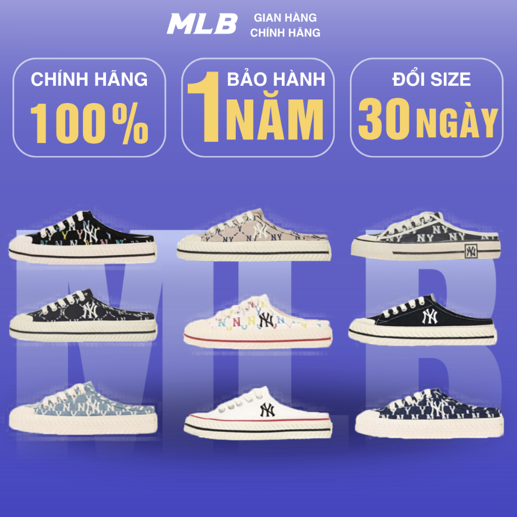 Giày playball origin mule chính hãng full box hiddentag check auth, giày sục giày đạp gót mlb vải ca