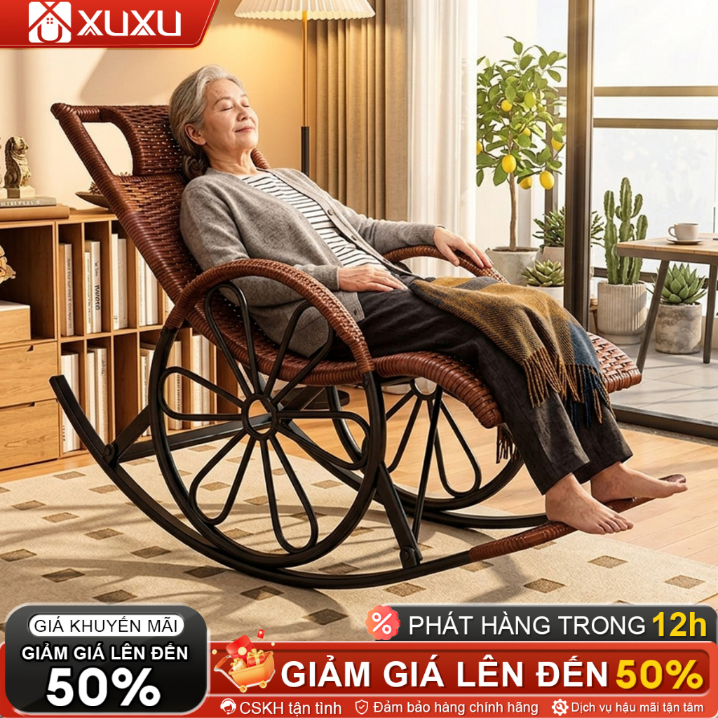 Ghế Bập Bênh Mây Đan Có Gác Chân Thư Giãn Khung Thép Chắc Chắn Chịu Lực Tốt Phòng Khách Ban Công