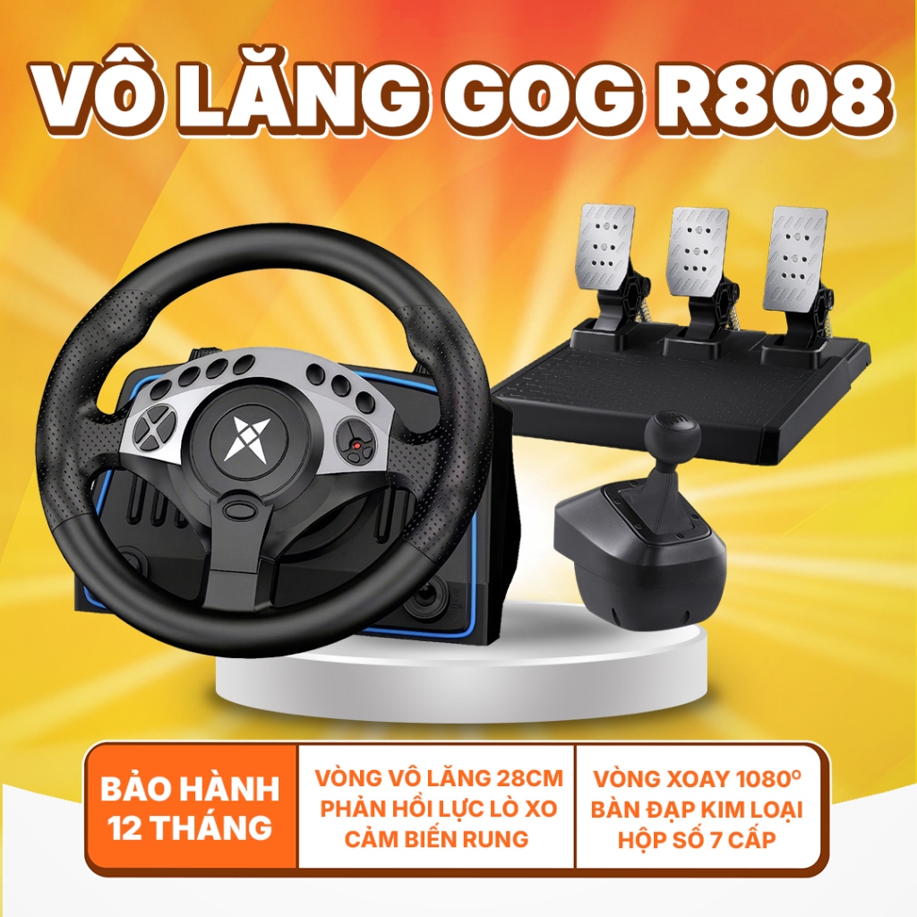 Vô Lăng Chơi Game & Học Lái Xe GOG R808 - Vòng Quay 1080 Độ & Kèm Hộp Số - Bàn Đạp Kim Loại