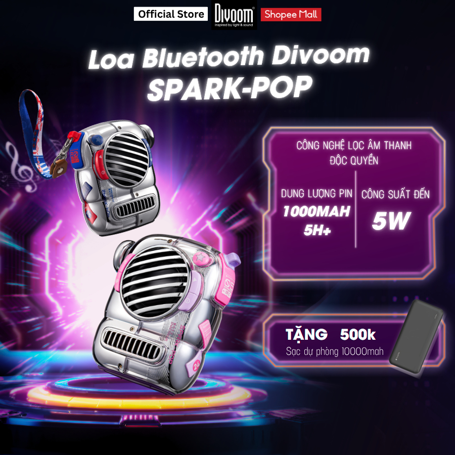 Loa cao cấp Divoom Spark-Pop, kết nối Bluetooth V5.3, công suất rời toàn dải 16 lõi 40mm tặng kèm dây đeo - BH 12 tháng