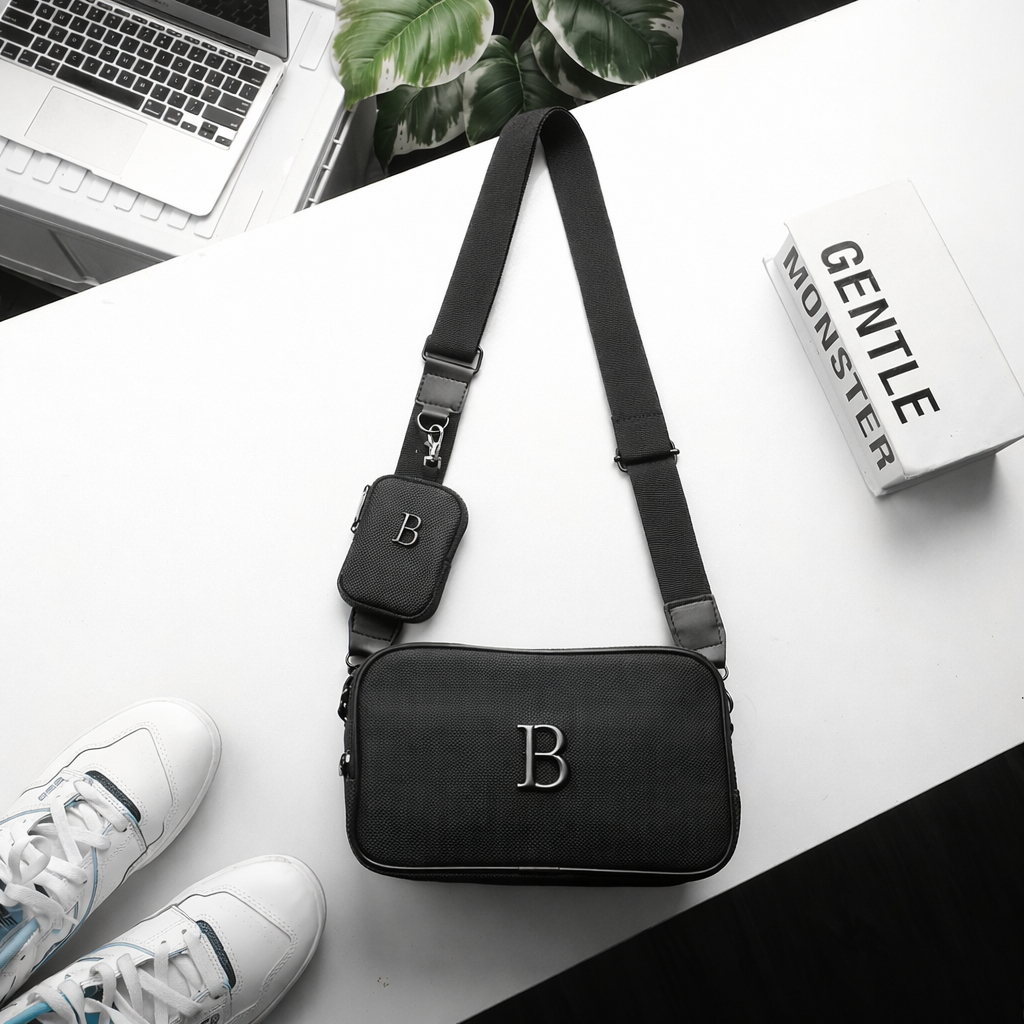 Túi Đeo Chéo Da Logo Chữ B Nam Nữ Form Hộp Streetwear Hàn Quốc,Túi Da Chống Nước Unisex Nhiều Ngăn C