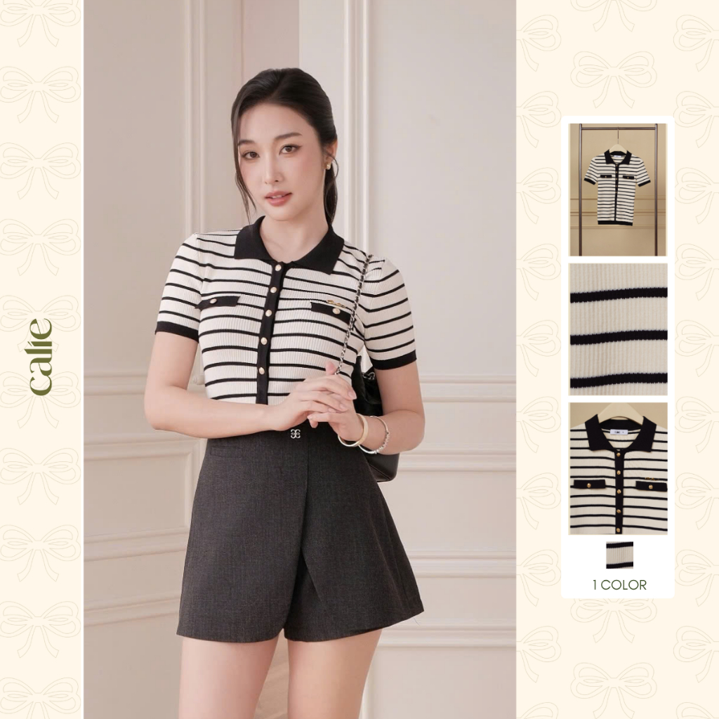 (𝐓𝐡𝐞 𝐔𝐩𝐰𝐢𝐧𝐝 𝐊𝐢𝐭𝐞) Áo dệt kim trắng kẻ đen 2 nắp có cổ, form basic thanh lịch thời trang Calie AF202