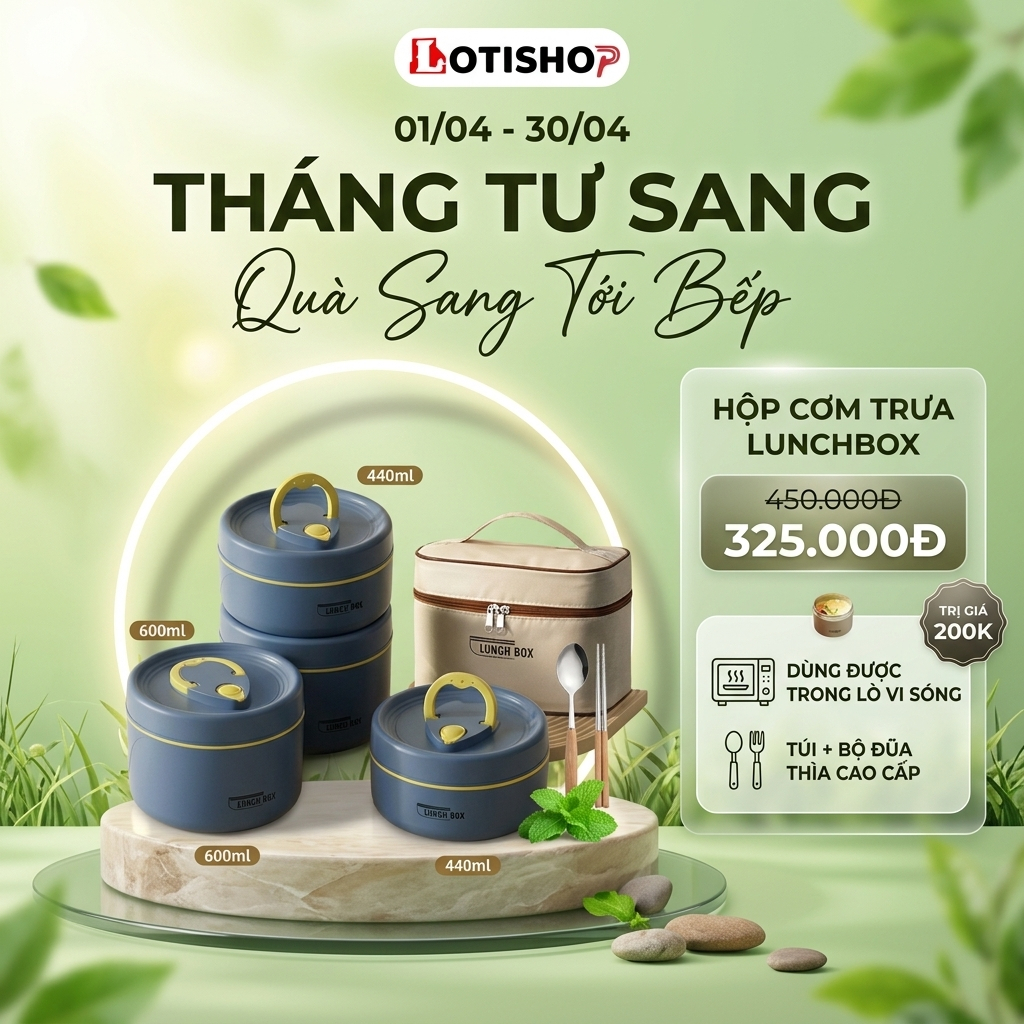 Hộp cơm giữ nhiệt văn phòng lúa mạch Inox 304 chống gỉ cao cấp nhiều ngăn sang trọng lotishop
