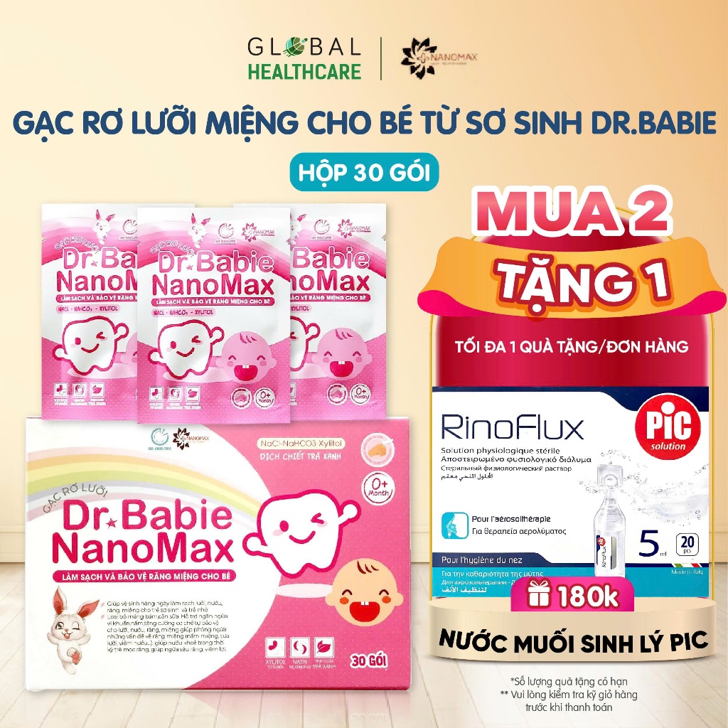 Gạc rơ lưỡi Dr.Babie Nanomax làm sạch mảng bám, bảo vệ răng miệng cho bé (Hộp 30 gói)