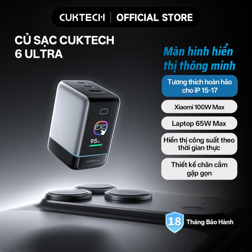 Củ Sạc Nhanh CUKTECH GaN 100W Màn Hình Hiển Thị 3 Cổng Type-C Sạc Laptop 65W Tương Thích iP 17 Pro Max/MacBook/Xiaomi