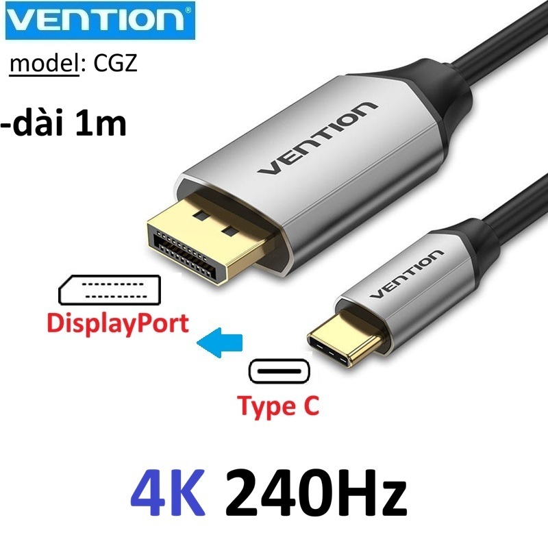 Dây Type C to Displayport 4K 240Hz Vention CGZ dài 1m -Bảo Hành 6 tháng