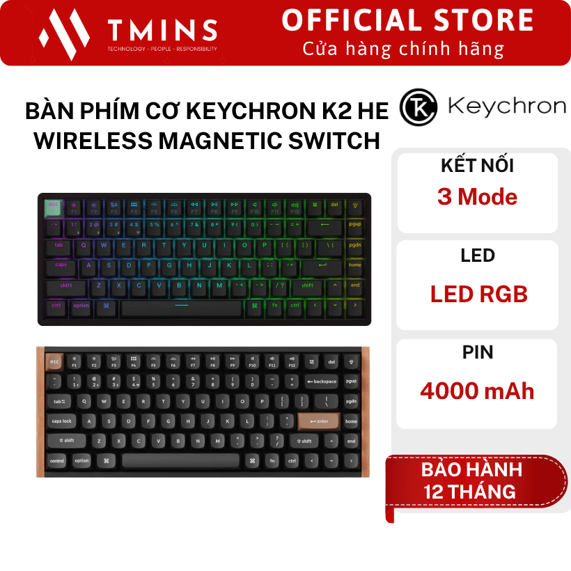 Bàn Phím Cơ Keychron K2 HE Wireless Magnetic Switch (3 Mode/ Led RGB/ màu Đen) - Hàng Chính Hãng