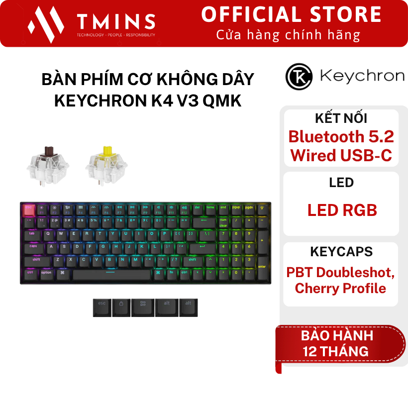 Bàn phím cơ không dây Keychron K4 V3 QMK (RGB/ 96%/ Bluetooth 5.2/ Wired USB-C) - Hàng chính hãng