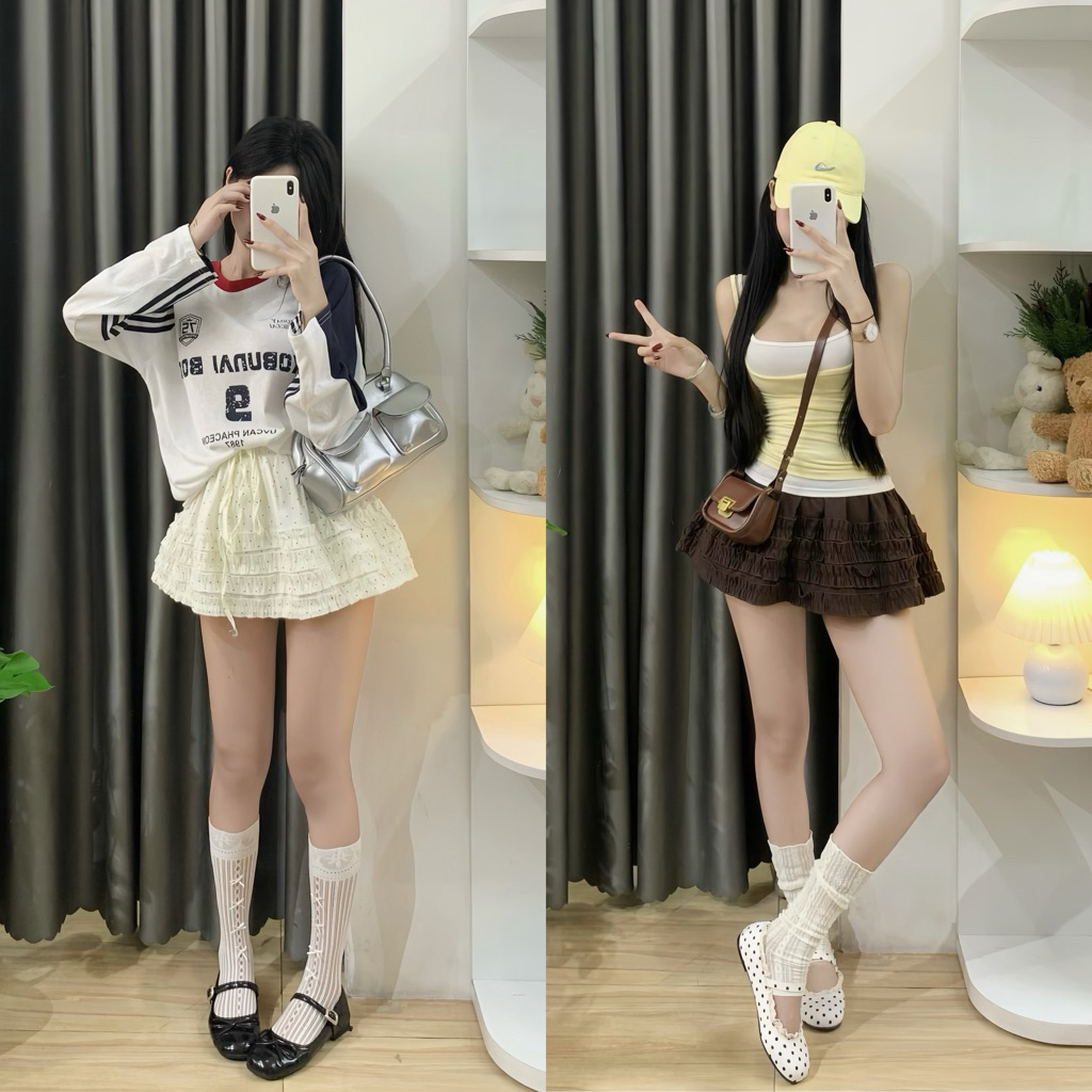 | Hta.boutique | Chân váy ngắn bồng xoè chấm bi chân bèo cạp cao chun buộc nơ dễ thương