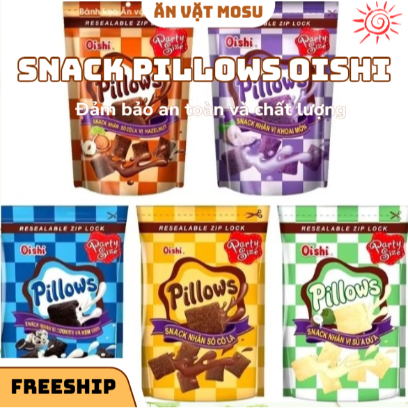Snack Pillows Oishi, Bánh Nhân Kem Oishi Nhân Sữa Dừa - Socola - Kem Vani Gói 85G