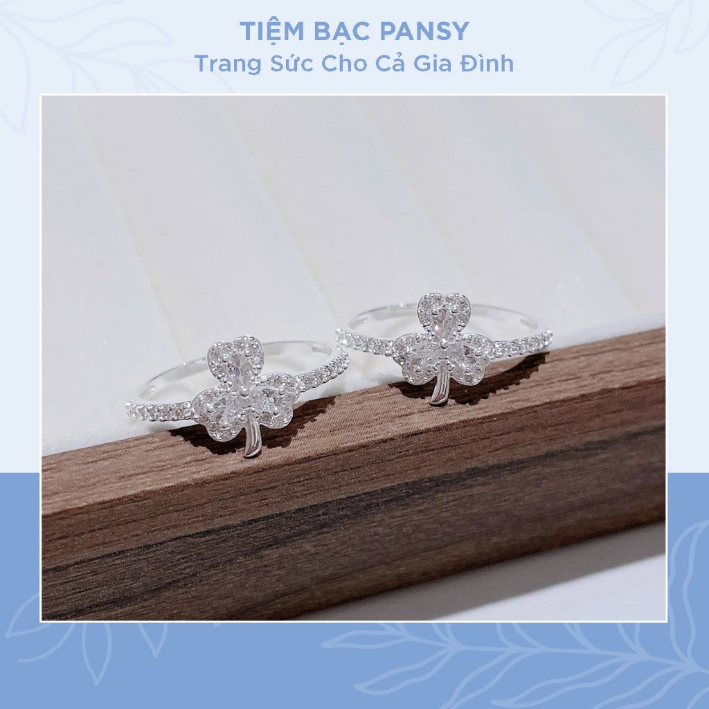 Nhẫn bạc nữ PANSY hình cỏ 3 lá đính hạt đá hình giọt nước mang ý nghĩa may mắn