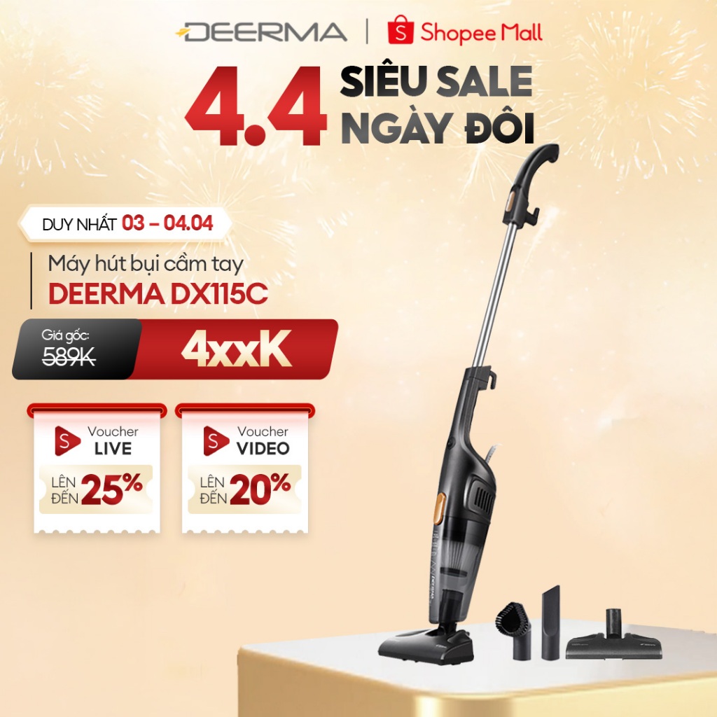 Máy hút bụi cầm tay Deerma DX115C lực hút 15000Pa công suất 600W kèm 3 đầu hút đa năng chính hãng - Bảo hành 12 tháng