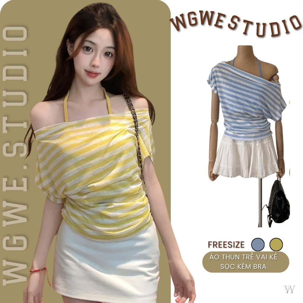 (Sẵn Xanh) Set Áo Trễ Vai Nữ WGWE Studio Kèm Bra Lót Đệm Ngực – Chất Thun Giấy Mỏng, Form Rộng 9115