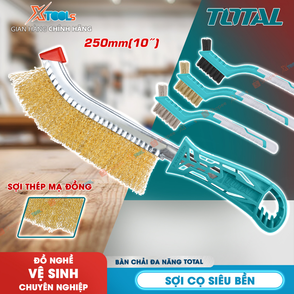 Bàn chải thép đồng đánh rỉ TOTAL 10 inch, chổi đánh rỉ sắt, bàn chải sắt, cọ thép không gỉ, làm sạch đa năng cao cấp