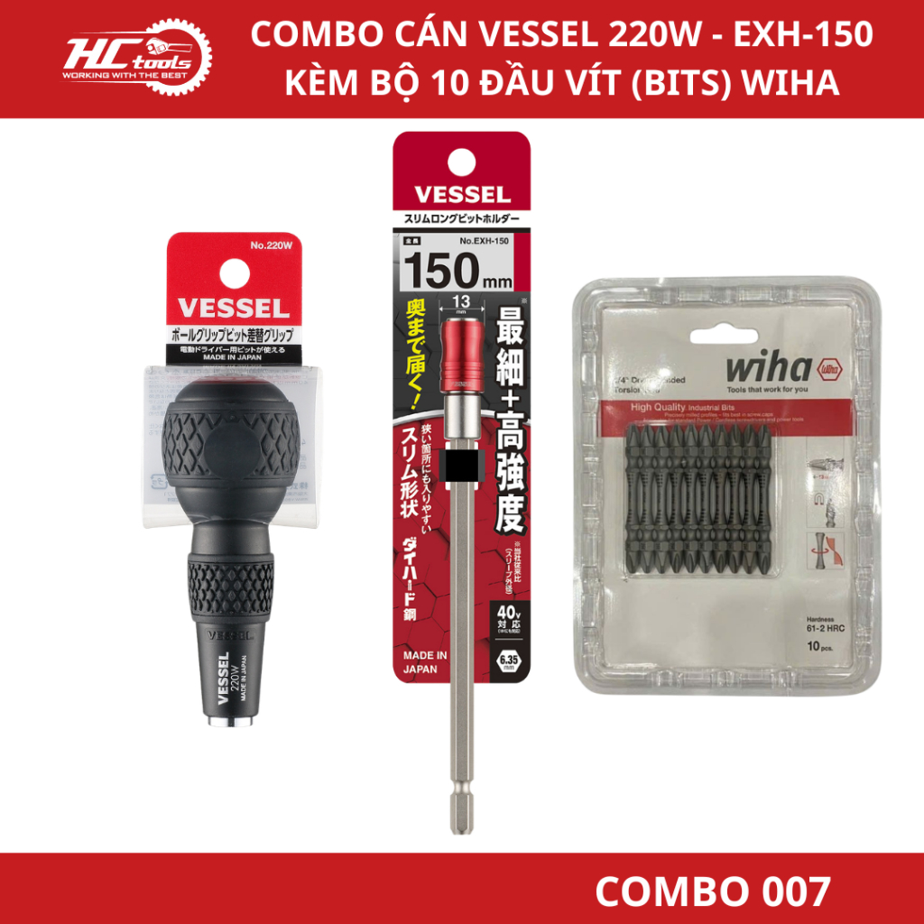Combo 007 Vessel & Wiha Cán 220W + Nối Dài EXH-150 + 10 Mũi Vít 2 Đầu Wiha 37003 Chính Hãng