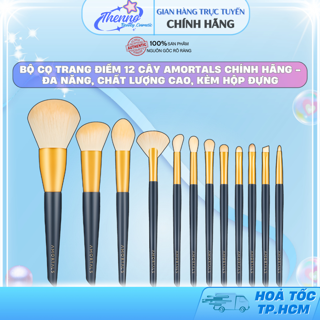 Bộ Cọ Trang Điểm 12 Cây Amortals Chính Hãng - Đa Năng, Chất Lượng Cao, Kèm Hộp Đựng