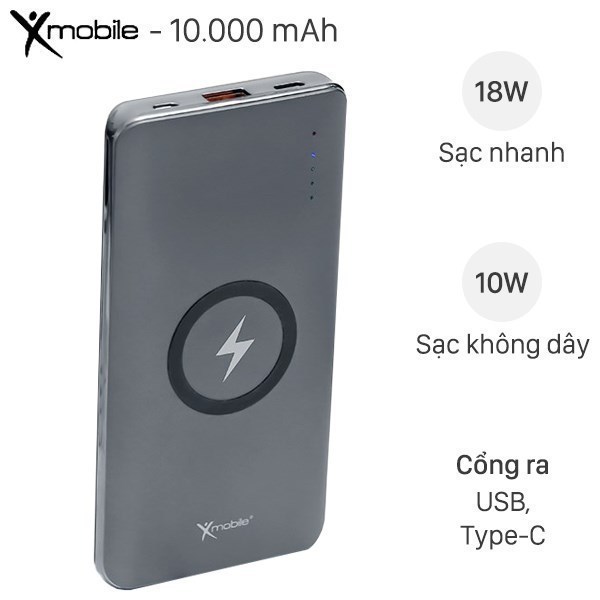 Sạc dự phòng không dây Polymer 10.000mAh Type C PD QC3.0 Xmobile P66D Xám
