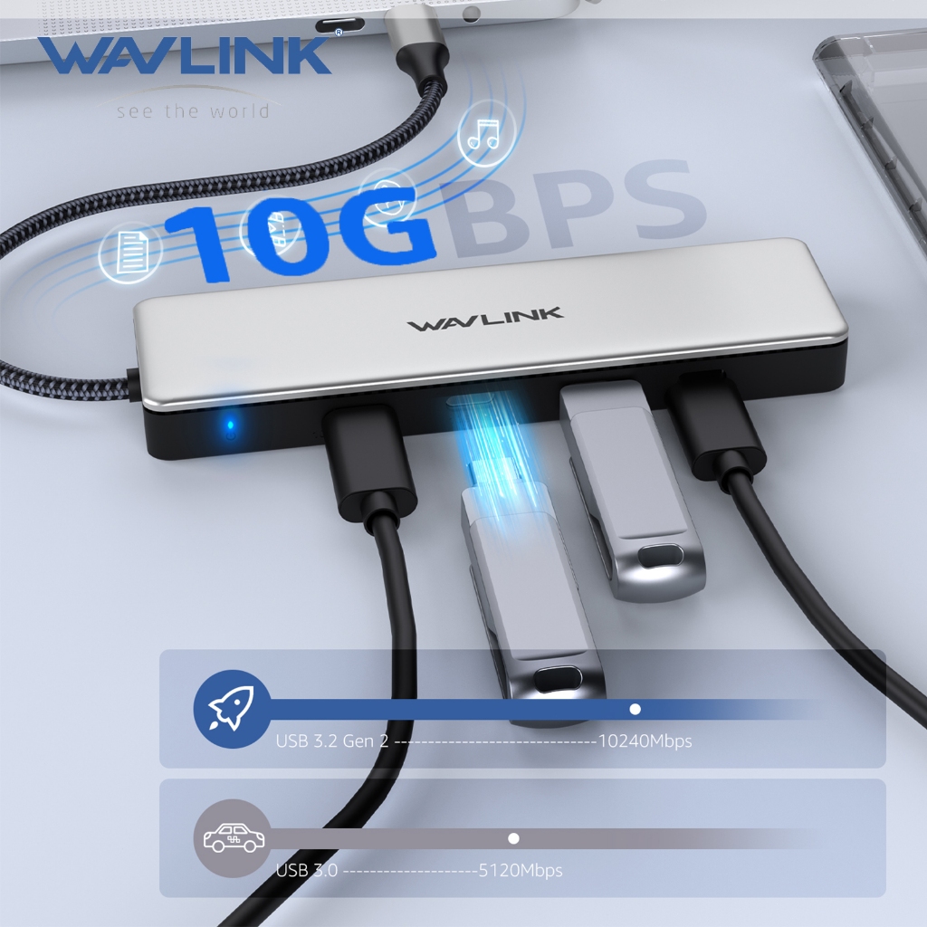 Bộ chia cổng USB-C 10Gbps Wavlink, Hub USB bằng nhôm 3.2 Gen 2 tốc độ 10Gbps với 4 TYPEC PD 85W
