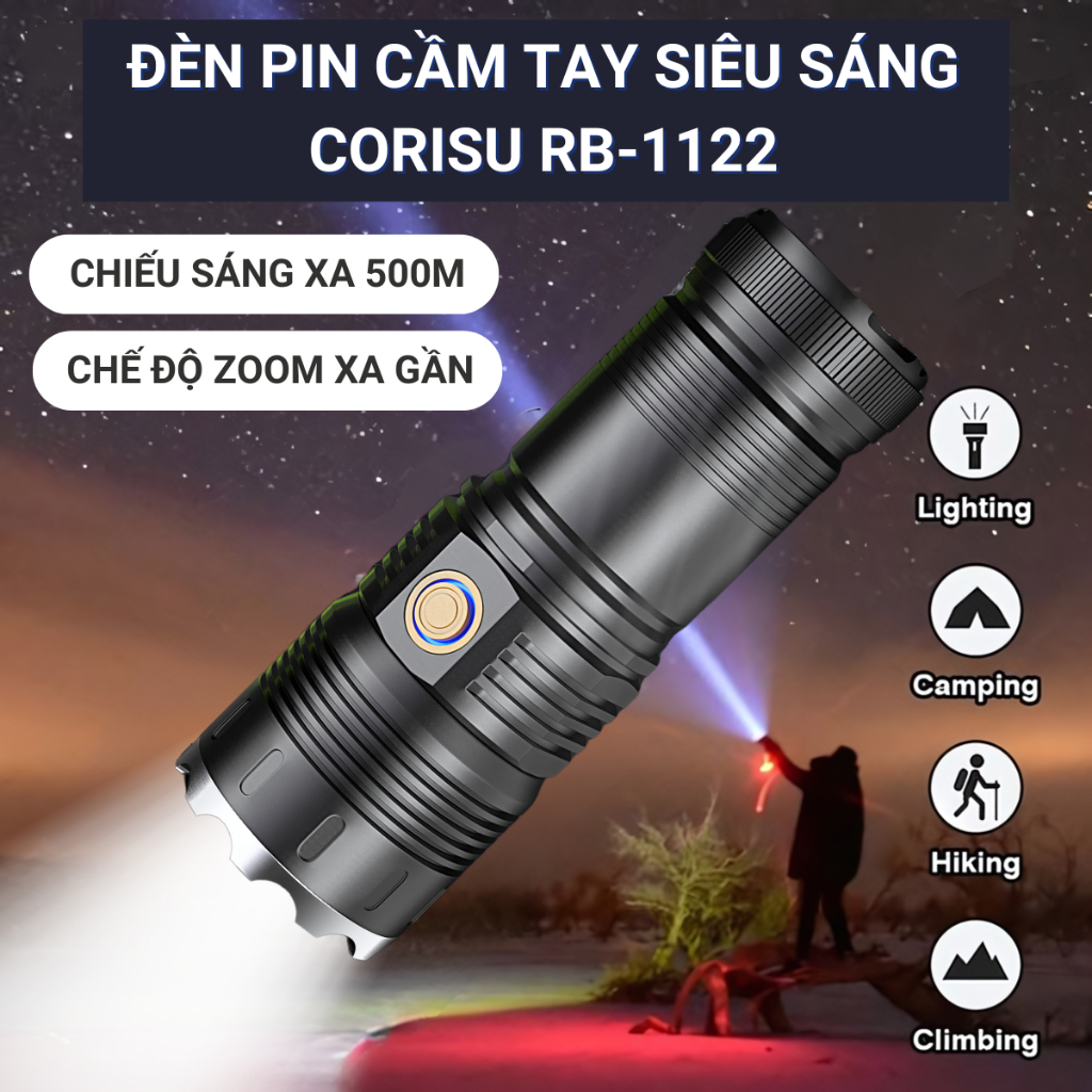 (Xả kho) Đèn pin siêu sáng CORISU RB1122, chiếu xa 500m có zoom, chống nước sạc ngược cho điện thoại