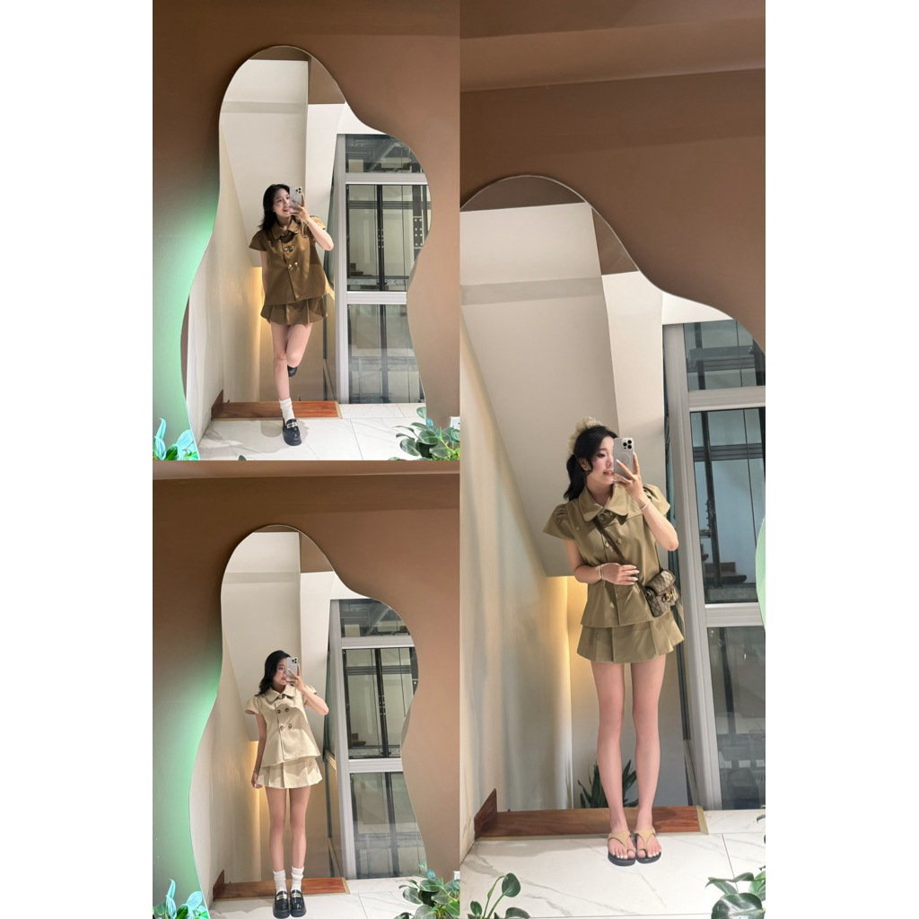 LA04 Set Áo Kaki Cổ Sen Tay Hến + Chân váy Xếp Ly