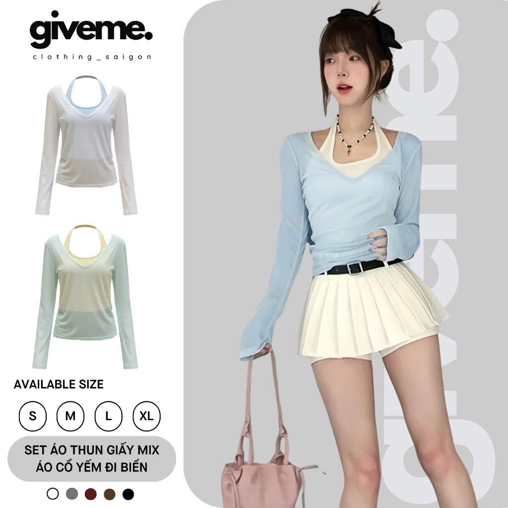 [SET 2 MÓN] Set Áo Thun Giấy Đi Biển Kèm Áo Yếm Choàng Cổ Phong Cách Hàn Quốc Phù Hợp Mùa Hè Giveme.clothing_saigon