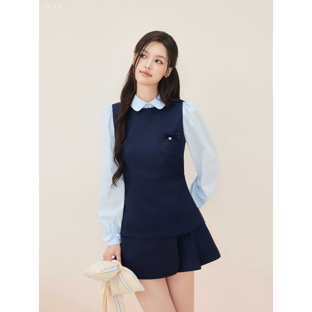 SERA - Set áo gile đính nơ và quần giả váy xếp ly ELINA Xanh Than | BigBuy360 - bigbuy360.vn