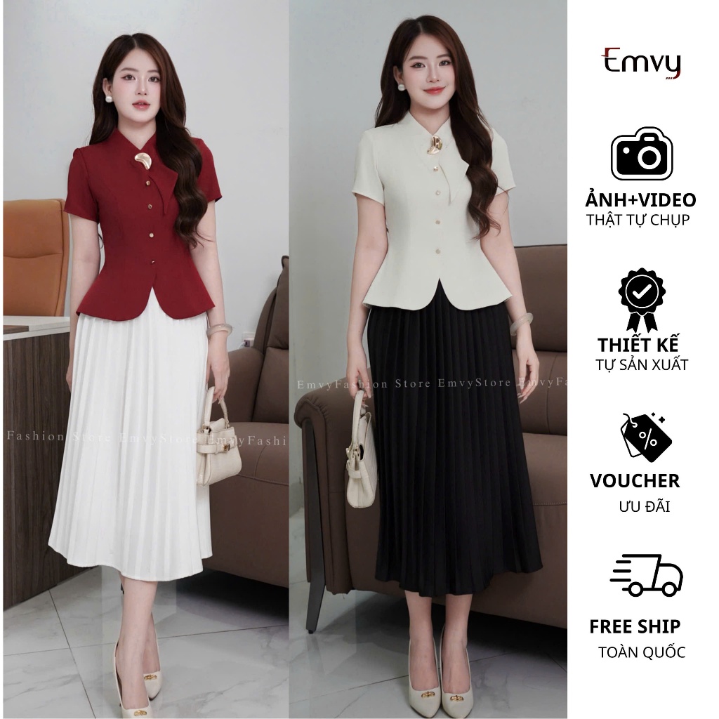 Set Váy Nữ công sở Áo kiểu cộc tay cách điệu cùng chân váy xếp ly - Thiết kế Thanh lịch Nữ Tính Emvy Fashion H55,CV55