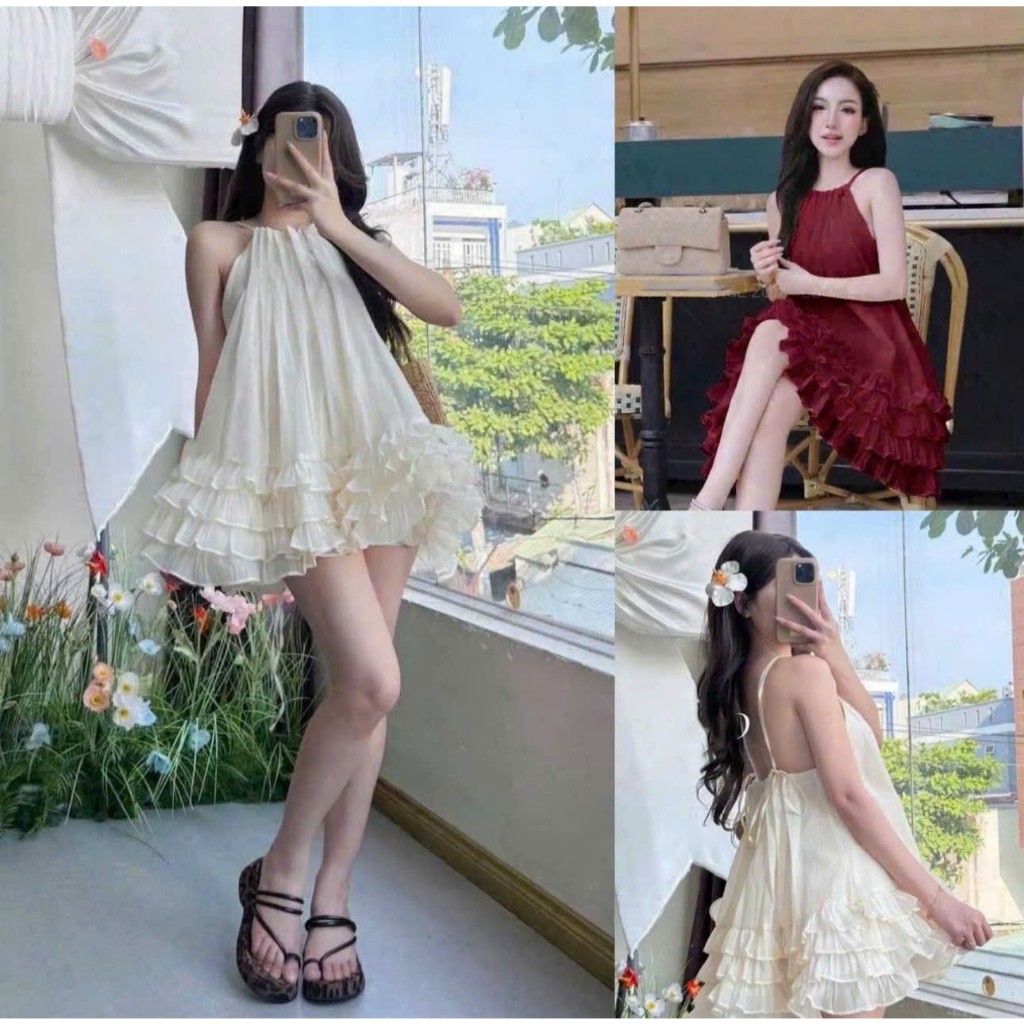 Đầm váy ngắn - Đầm váy babydoll nữ bánh bèo chất tơ nến cổ yếm đính cườm phối bèo tầng dáng ngắn tùn