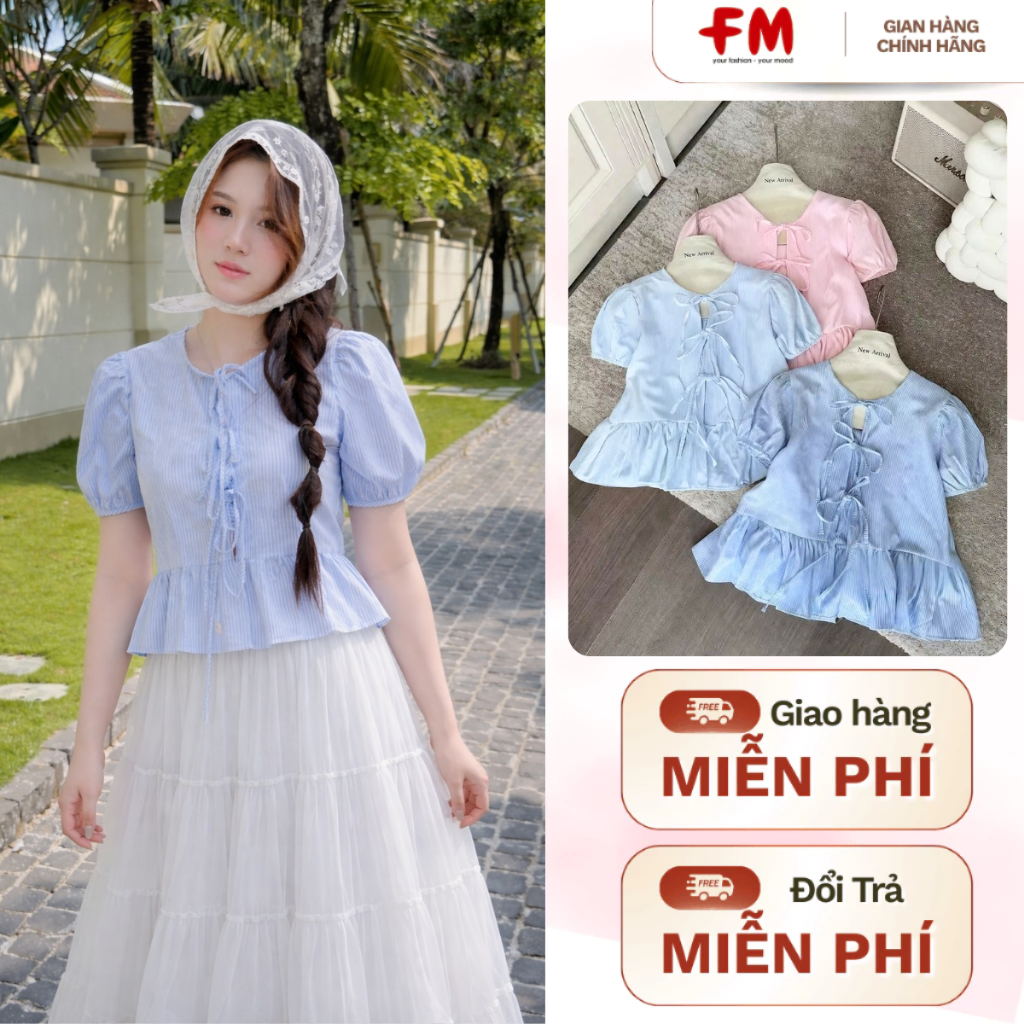 Áo Kiểu Nữ FMSTYLE Tay Ngắn Cổ Tròn - Áo Babydoll Họa Tiết Sọc Phối Nơ Cách Điệu Xinh Xắn 26030520
