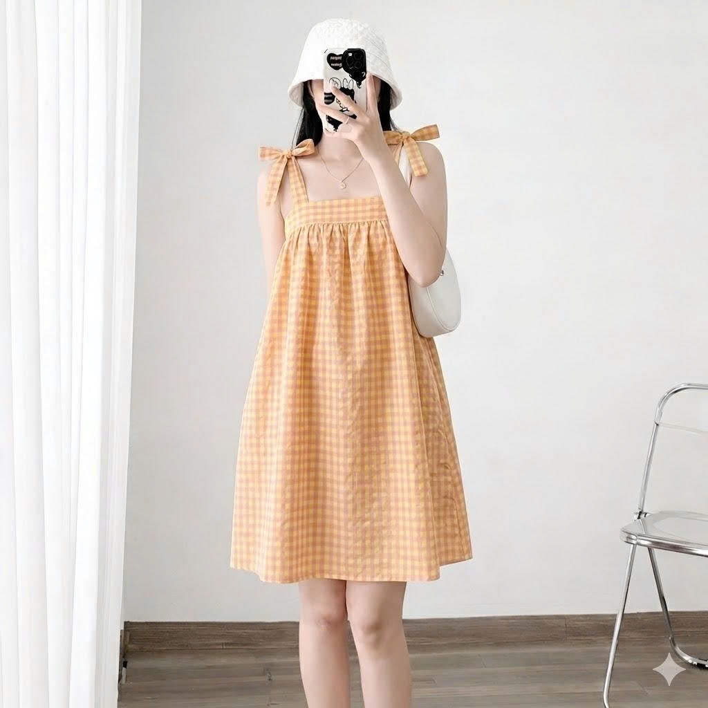 Đầm dây bản cột nơ dáng xòe nhẹ freesize dưới 52kg – Thiết kế nữ tính dễ mặc Nữ