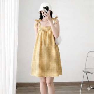 Đầm dây bản cột nơ dáng xòe nhẹ freesize dưới 52kg – Thiết kế nữ tính dễ mặc Nữ