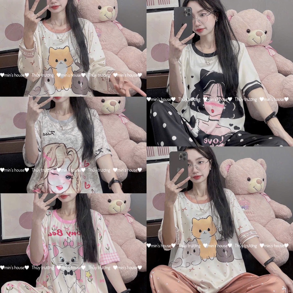 Đồ bộ pijama cổ tròn TD lụa latin tơ tằm mịn 2ce tay dài và tay ngắn (ảnh thật shop tự chụp)