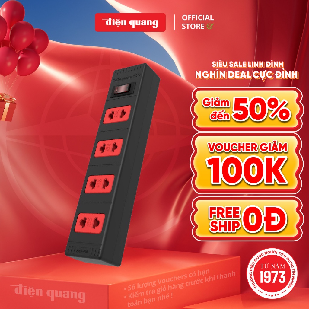 [HỎA TỐC] Ổ cắm điện đa năng Điện Quang ECO ĐQ ESK 42 ECO (4 lỗ 2 chấu) có công tắc reset, tự ngắt k