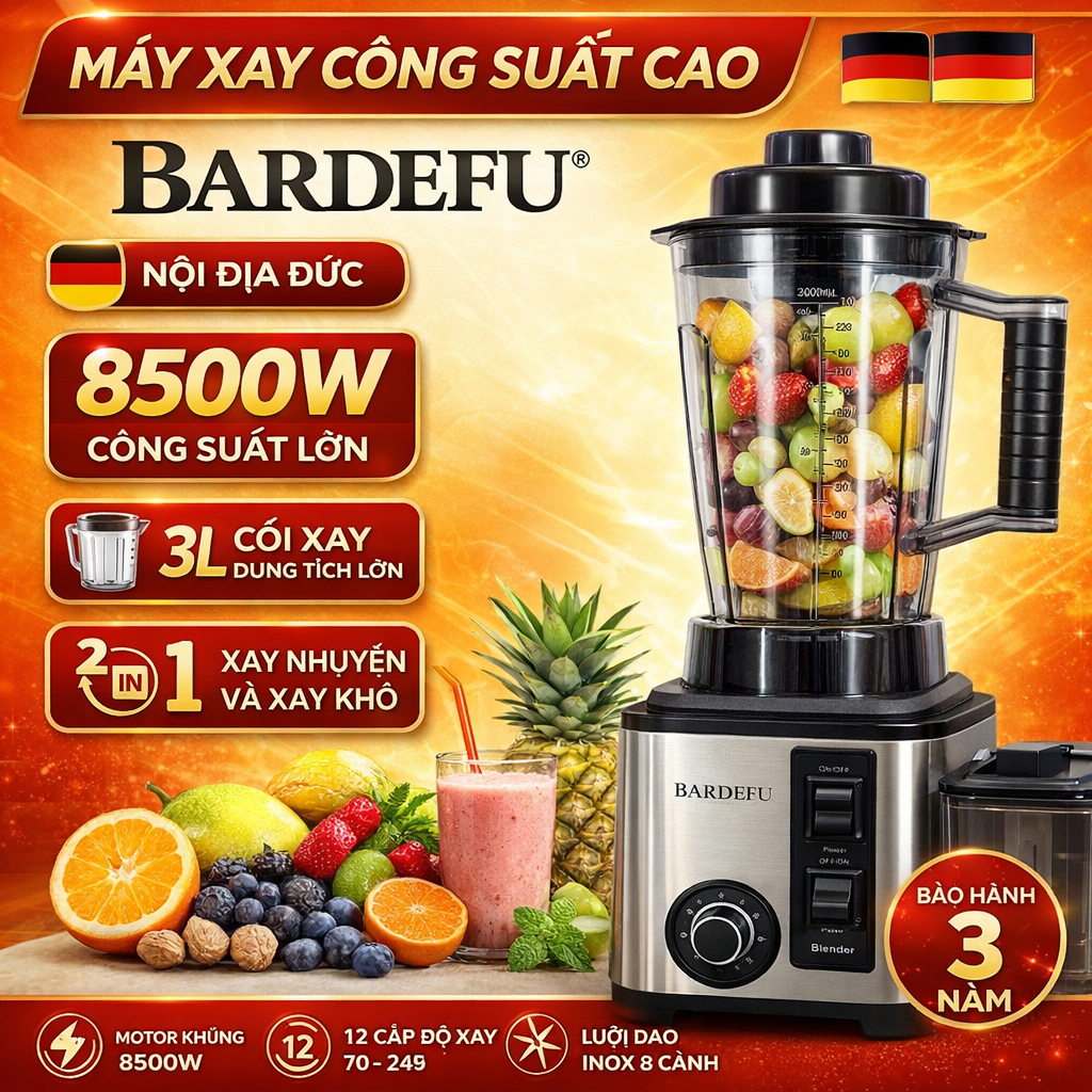 Máy Xay Sinh Tố Đa Năng BARDEFU 3L - Kim Loại, PC Container + Nhựa ABS, Thép Không Gỉ