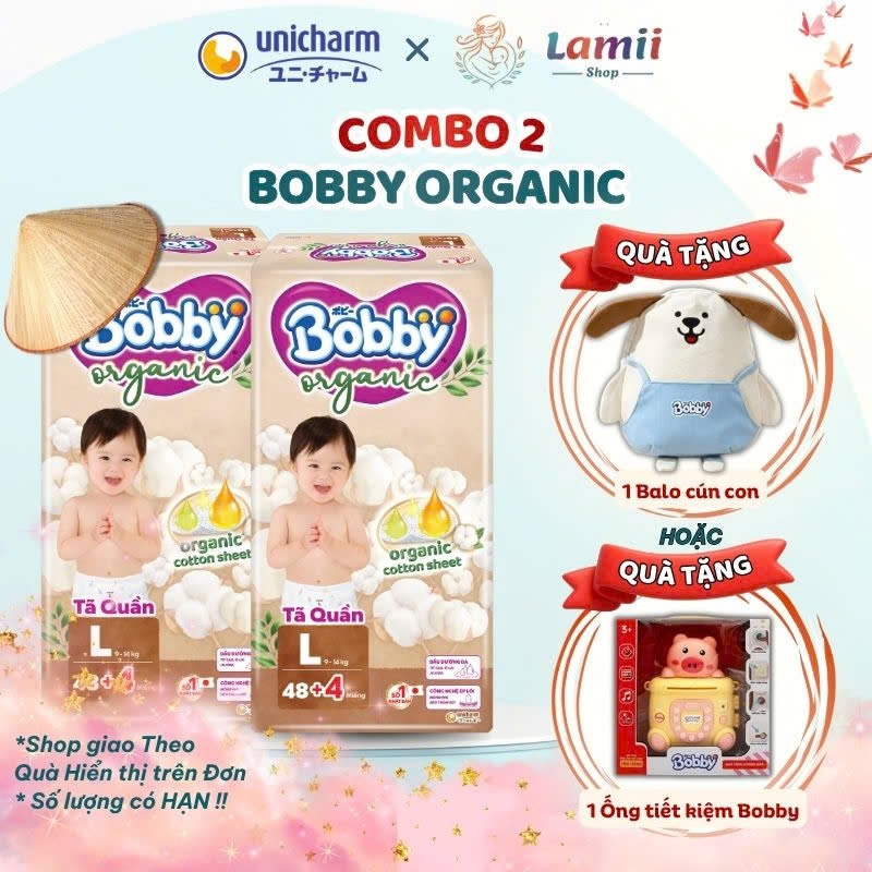 COMBO 2 Tã Quần Bobby Organic Bỉm Cao Cấp Dành Cho Bé Chính Hãng full size M54, L48, XL, 2XL,3XXL