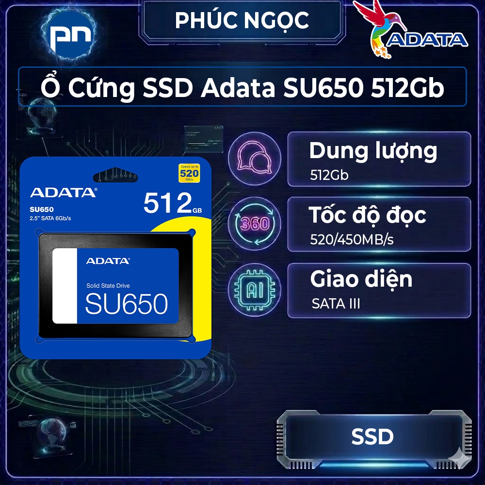 Ssd Adata SU650 512Gb Sata III, ổ cứng máy tính 512Gb, ổ cứng lưu trữ tốc độ cao - Phúc Ngọc