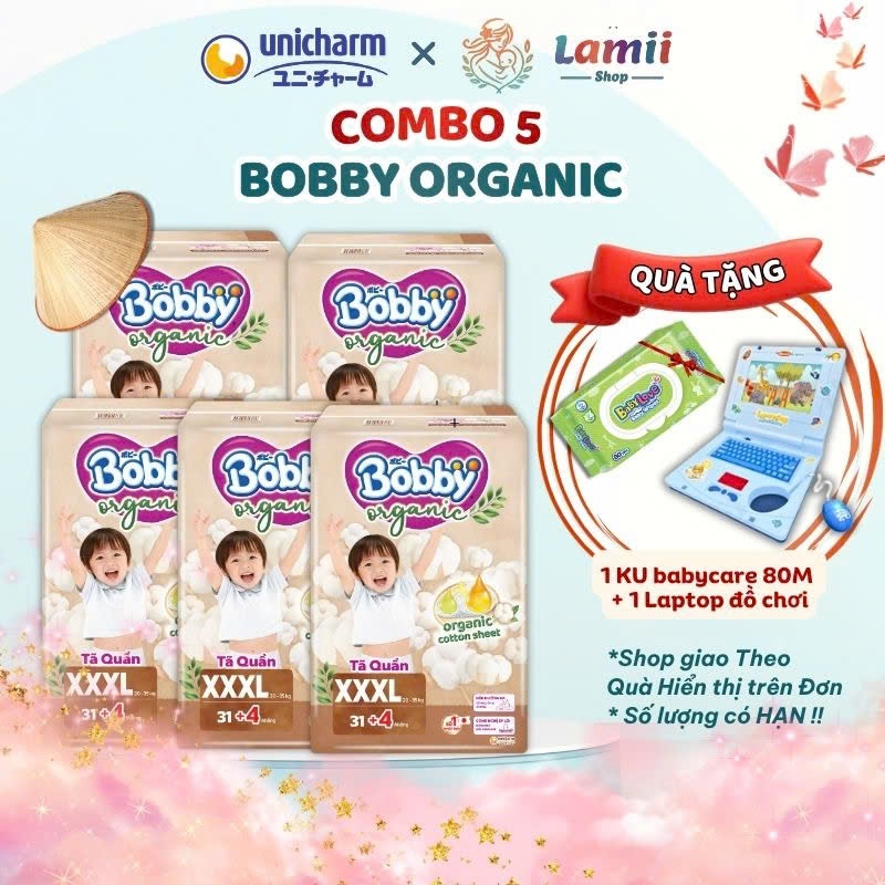Combo 5 Tã Quần Bobby Organic Ngày Cao Cấp Chính Hãng full size M54, L48, XL, 2XL,3XXL - Lamii Shop