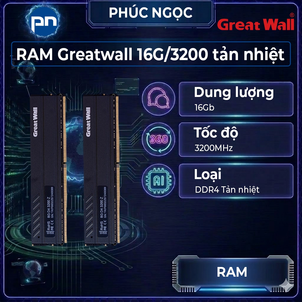 RAM Greatwall 16GB/3200 tản nhiệt, ram máy tính 16Gb có tản nhiệt Bus 3200 chính hãng - Phúc Ngọc