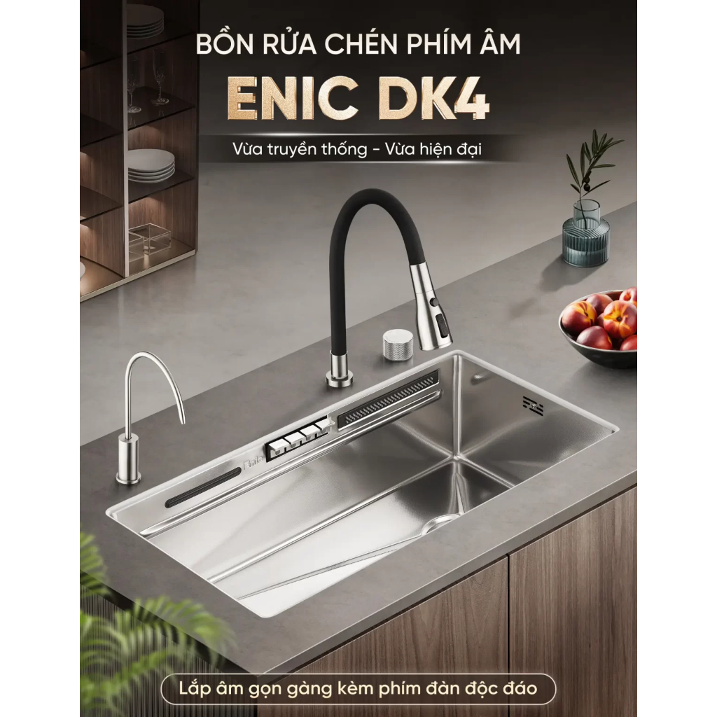 Bồn rửa chén Enic DK4 1 ngăn cỡ lớn phím âm, van điều chỉnh nóng lạnh, phủ nano cao cấp