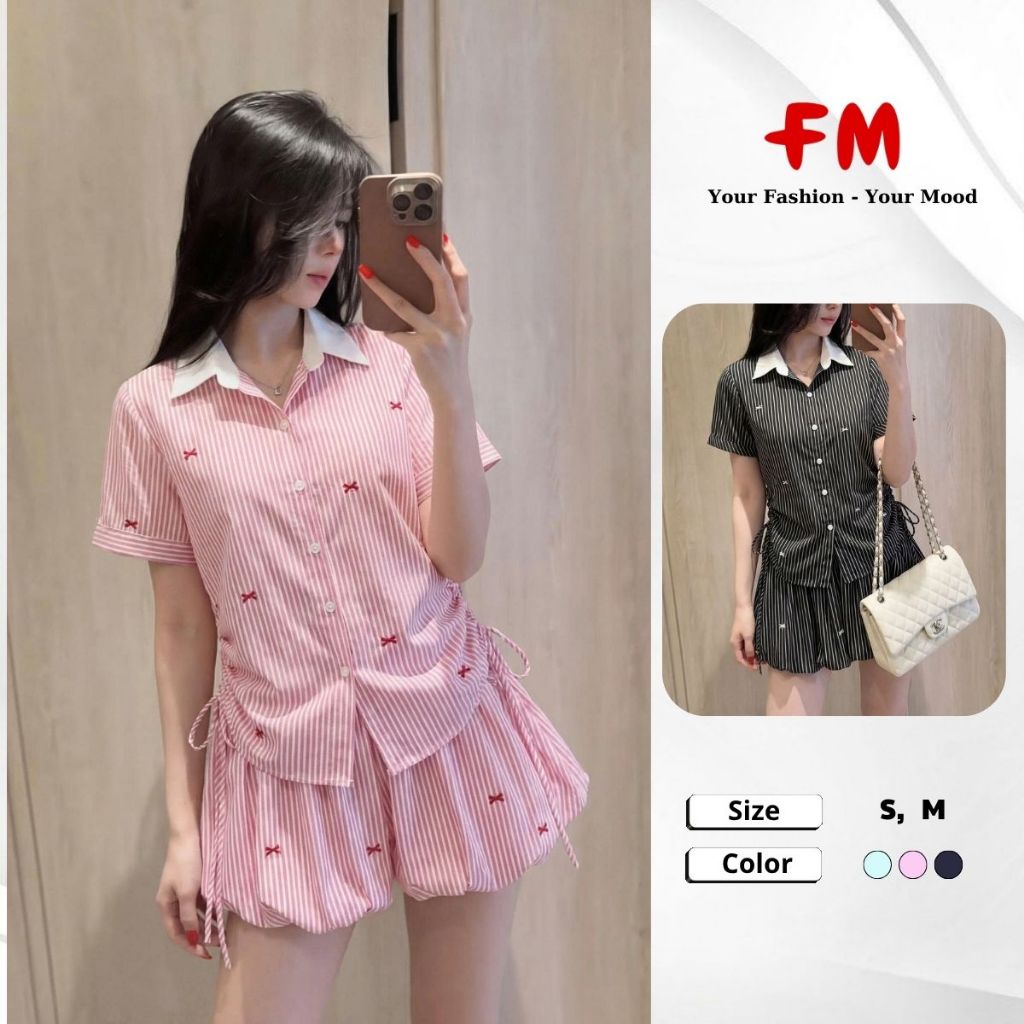 Set Áo Sơ Mi FM STYLE Cổ Bẻ Sọc Kẻ Phối Nơ - Chân Váy Bí Ngô Xinh Xắn Phong Cách Hàn Quốc 26030013